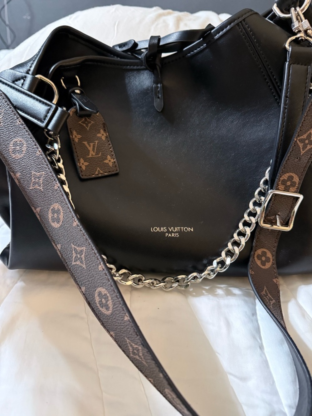 Louis Vuitton Black Leather Shoulder Bag with Monogram Strap and Chain